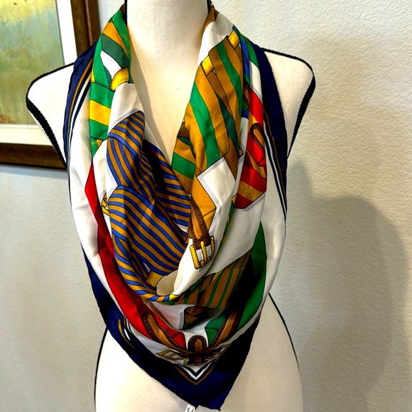 Hermes Accessories - Hermes Multicolor Silk Scarf with Navy, Green, Gold and Red Accents